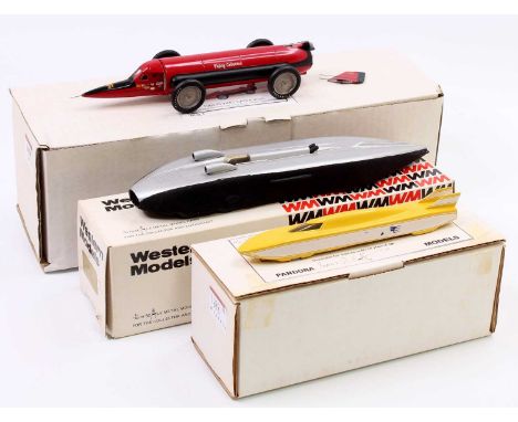 A 1/43 scale white metal and resin landspeed record car group, three examples, all require minor restoration or repair, to in