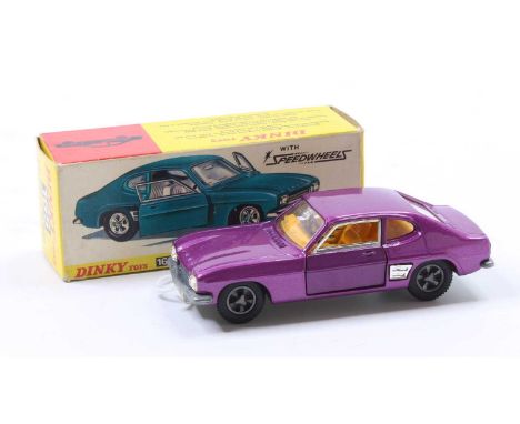 Dinky Toys No.165 Ford Capri, comprising metallic purple body with orange interior and detailed cast hubs, in original all-ca