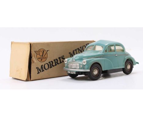 Victory Industries 1/18th scale battery operated Morris Minor comprising a plastic greenish-blue body with metal fittings and