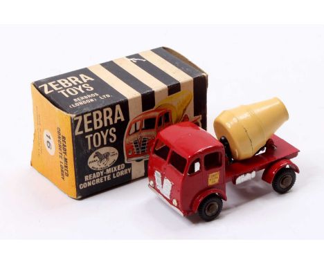Zebra Toys Benbros No.16 / 100 Readymix Concrete lorry, comprising red cab and chassis with a light yellow barrel and Cement 