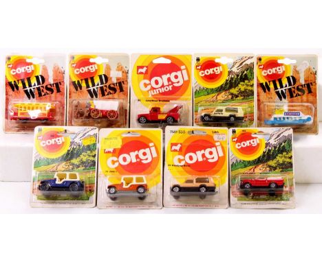 Corgi Juniors group of 9 blister carded models including Matra Rancho, Jeep, Land Rover Breakdown, and others, the Range Rove