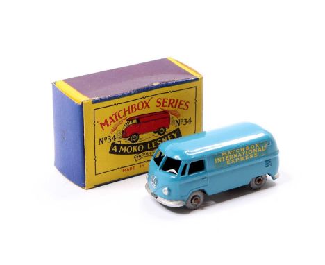 Matchbox Lesney No. 34 VW Panel Van in blue with metal wheels, silver trim, and "Matchbox International Express" decals on th