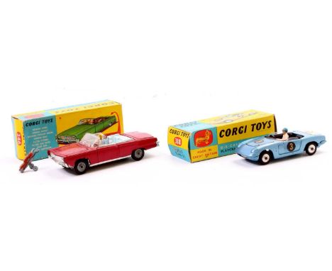 2 Corgi Toys boxed models to include, No. 246 Chrysler Imperial comprising red body with blue interior, cast wirework hubs, w