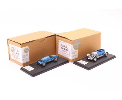 A CG43 1/43 scale resin factory hand built race car group, two examples both housed in original boxes to include Bugatti type