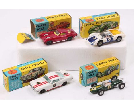 Corgi Toys boxed model group of 4 comprising No. 325 Ford Mustang 2+2 Competition Model in white with wire wheels, (the model