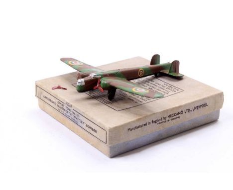 Dinky Toys No. 62T Armstrong Whitworth Whitley Bomber comprising camouflage body with RAF roundels and two red propellers, on