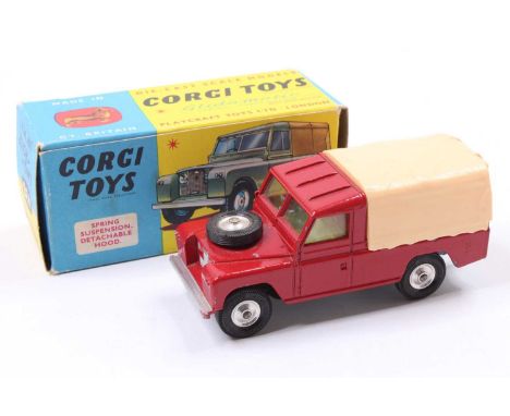 Corgi Toys No. 438 Land Rover 109 W.B in red, (Gift Set 17), with a yellow interior, a salmon pink tilt, and spun hubs, house