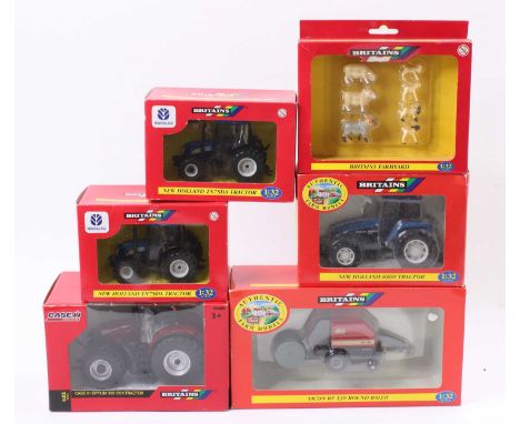 Six various boxed Britains 1/32 scale farming agricultural diecast and accessories to include a Vicon RF130 baler, a New Holl