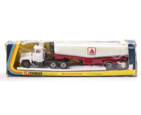 Corgi Toys No. 1151 Mack Tank Truck in white with black chassis, white tank with red chassis, cast hubs and "Citgo" logo - a 