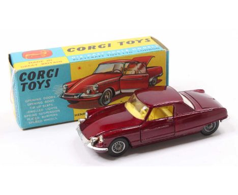 Corgi Toys No. 259 Citroën Le Dandy Coupe comprising of metallic maroon body with yellow interior, housed in the original blu