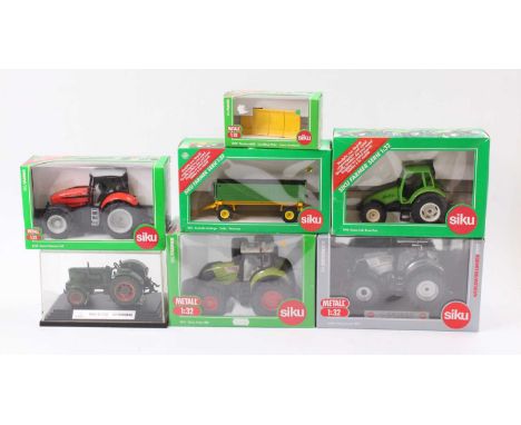 7 various boxed Siku 1/32 scale diecast tractors and farming attachments, mixed examples to include a No. 4485 Siku 2010 Clas