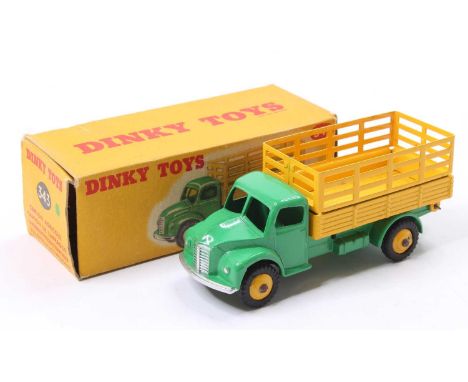 Dinky Toys, 343 Farm Produce Wagon, green cab and chassis, yellow back and matching hubs, housed in the original call card co