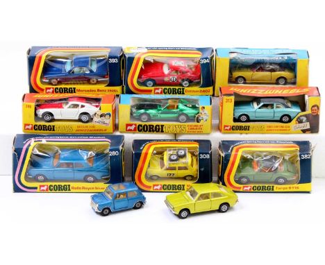 A tray containing a collection of mostly boxed Corgi Toys including No. 308 Monte Carlo Mini Cooper in yellow, No. 313 Graham