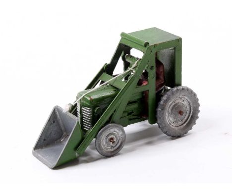 A Benbros Tractor with a front-loading bucket comprising of a green tractor, cab &amp; bucket, with bare metal wheels and a b