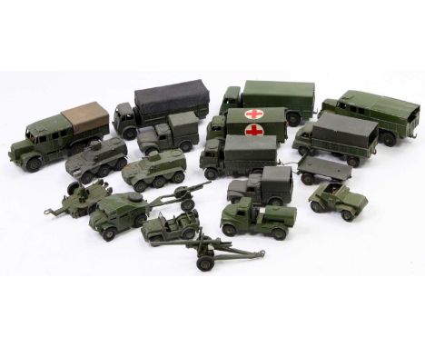 One tray containing a collection of various mixed Dinky Toy playworn military diecasts to include No. 626 military ambulance,
