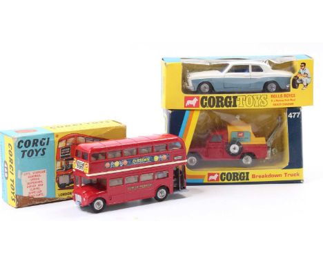 Corgi Toys boxed group of 3 comprising No. 477 Land Rover Breakdown Truck (NM-BG), No. 273 Rolls Royce Silver Shadow comprisi