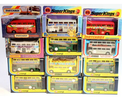 12 boxed Corgi and Matchbox toys model buses including 6x Corgi No. 469 London Routemaster Bus in "Leeds" livery, No. 470 Dis