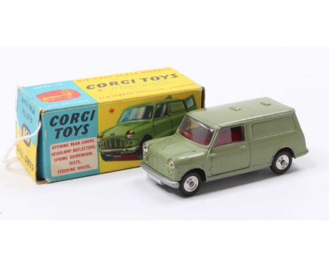 Corgi Toys No. 450 Austin Mini Van comprising of metallic green body with red interior and spun hubs, with jewelled headlight