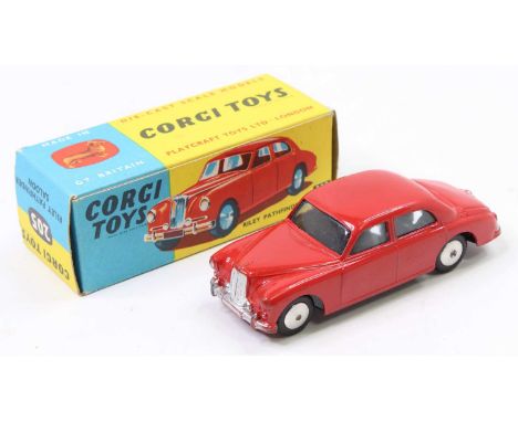 Corgi Toys No. 205 Riley Pathfinder Saloon, red body with silver detailing and flat spun hubs, in the original blue all-card 