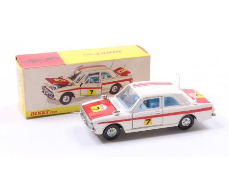 Dinky Toys No. 205 Lotus Cortina rally car, comprising of white and red body with blue interior and racing No. 7, housed in t