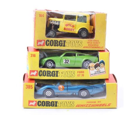 Corgi Toys Whizzwheels boxed group of 3 comprising No. 164 Ison Bros "Wild Honey" Dragster, No. 316 Ford GT70, and No. 385 Po