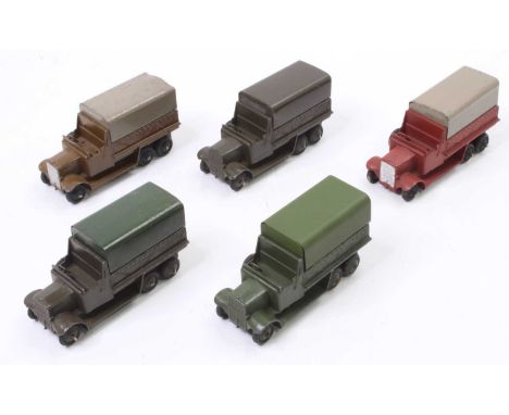 Dinky Toys No. 151B 6 Wheeled Army Wagon group of 5 in various colours with tinplate tilts (G-VG)