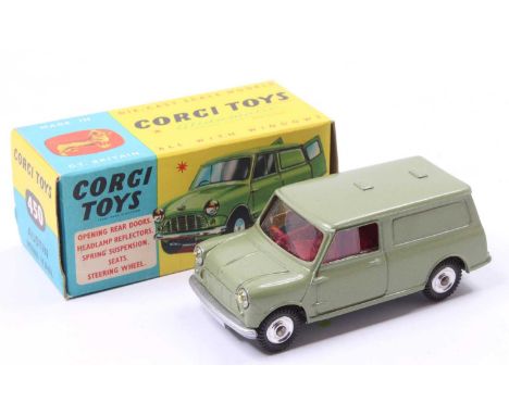 Corgi Toys No. 450 Austin Mini Van comprising of metallic green body with red interior and spun hubs, with jewelled headlight