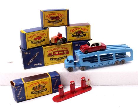 A collection of Matchbox Lesney models to include a boxed Accessory Pack No. 2 Bedford Car Transporter, a No. 1 ESSO Petrol P