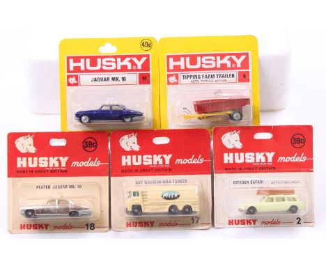 Corgi Toys Husky group of 5 blister carded models including No. 51 Jaguar MK10, No. 2 Citroen Safari with detachable boat, an