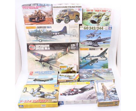 One box containing a collection of various plastic military and aircraft kits, all appear as issued to include Airfix, Matchb