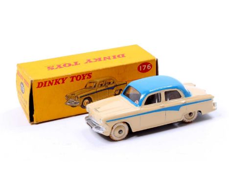 Dinky Toys No. 176 Austin A105 Saloon, cream body with mid-blue roof and panel line, cream hubs and white knobbly tyres, in t