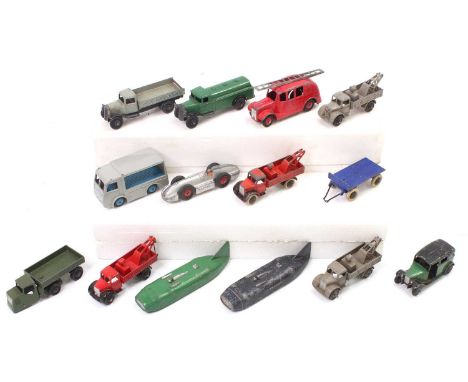 One tray containing 14 Dinky Toys models in play worn condition to include, 33W Mechanical Horse, 30E Breakdown Truck, No. 25