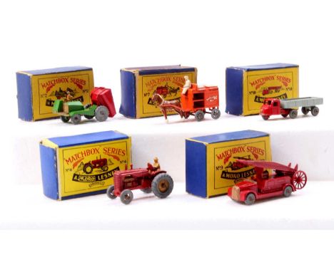 Matchbox Lesney boxed model group of 5 to include No. 2 Muir Hill Dumper, No. 4 a  Massey Harris Tractor, No. 7 Horse Drawn M