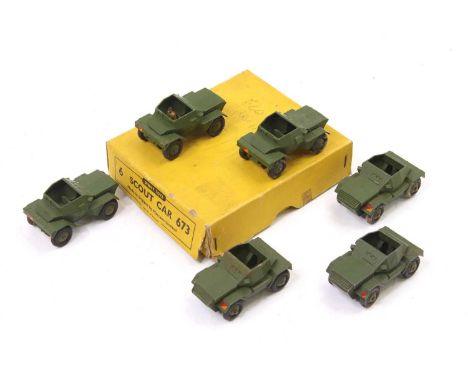 Dinky Toys No. 673 Scout Car original trade box containing 6 examples comprising of a military green body with green ridged w