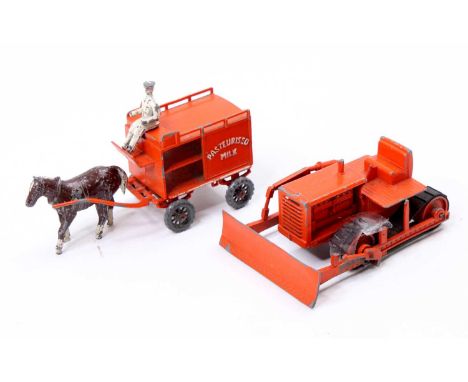 A Lesney MOKO early issue large scale Bulldozer together with a Horse Drawn Milk Float with driver figure and horse, both mod