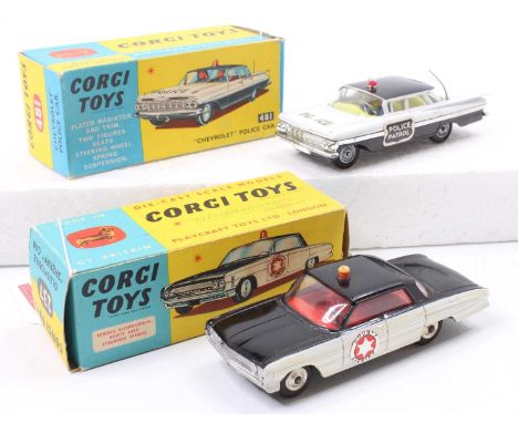 Corgi Toys boxed group of 2 emergency vehicles to include, No. 481 Chevrolet police car, black and white body with black roof