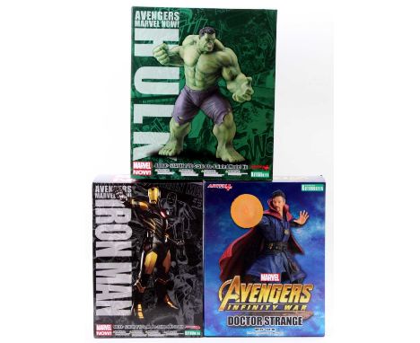 A Kotobukiya Art FX Plus Marvel 1/10 scale pre-painted model kit group to include Dr Strange, Iron Man and The Hulk, all in o