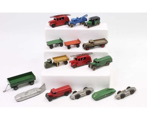 One tray containing 15 play worn Dinky Toys to include, 25D Petrol Tank Wagon, No. 36G Taxi, No. 23S Streamlined Racing Car a