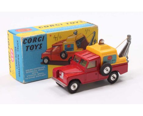 Corgi Toys No. 477 Land Rover breakdown truck in red with a yellow canopy and 'Breakdown Service' labels, with spun hubs, hou