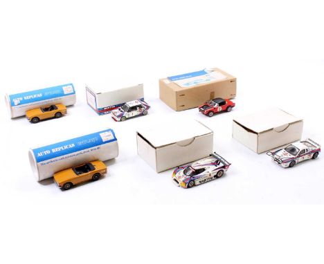 Auto Replicas and Meri Kits white metal models, group of 6 built models comprising a Meri Kits Lancia LC4, a Lancia Delta, an
