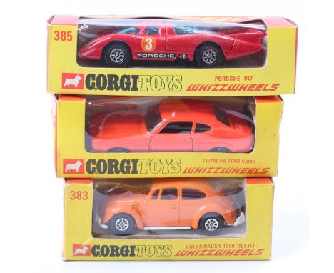 Corgi Toys Whizzwheels boxed group of 3 comprising No. 383 Volkswagen 1200 Beetle, No. 311 Ford Capri 3 Litre V6, and No. 385