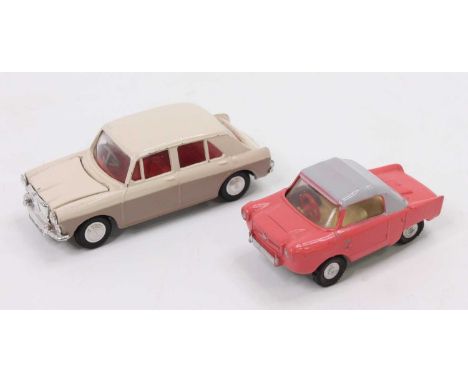 Spot On Models, 2 examples comprising No. 267 MG 1100 in two-tone cream and light brown with a red interior (E-NM), and No. 1