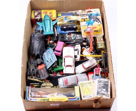 A tray containing mostly Corgi Toys TV/Film related vehicles including No. 267 Batmobile, No. 930 Drax Jet Ranger Helicopter,