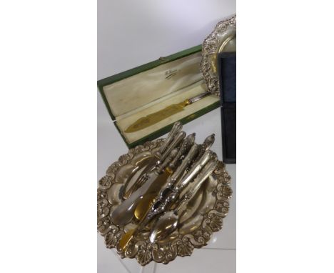 A Quantity of Continental Silver, including one card trays, bowl, silver handled shoe horn,  silver handled christening knife