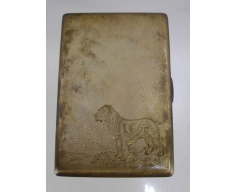 A Solid Silver Engine Turned Cigarette Case, the gilded cigarette case engraved with a spaniel, Birmingham hallmark, mm AW dd