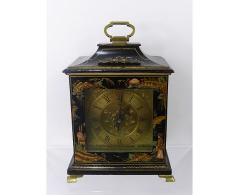 A Vintage Mantel Clock in the Chinoiserie Style, depicting an estate and figures in a pagoda landscape, on bracket feet, appr