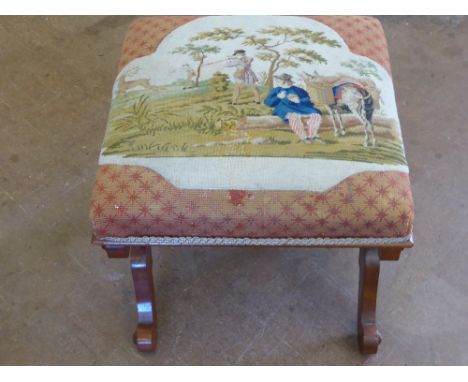 A Mahogany Stool on Cross Banded Supports, with turned stretcher and tapestry seat depicting a hunting scene, approx 46 x 46 