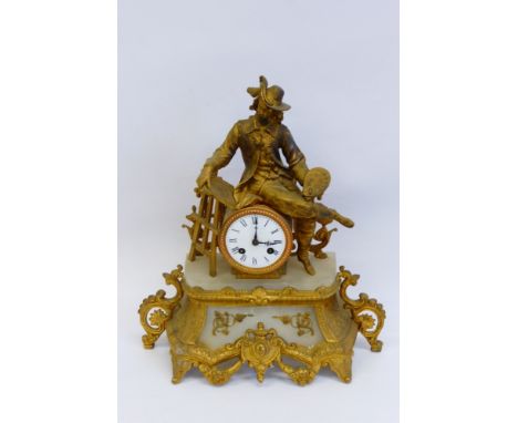 A French Gilt Spelter & Alabaster Figural Mantel Clock, depicting van Rjin, enamel face with Roman dial, approx 41 x 37 cms.