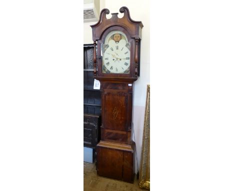 An Antique Oak Long Case Clock, hand painted enamel face with Roman dial, date aperture with second hand dial, hand painted f