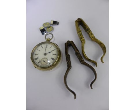 Two Pairs of English 18th Century Hazelnut Crackers, together with an open face pocket watch and a pair of vintage Guinness e